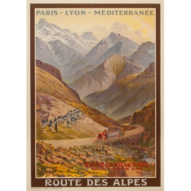 Vintage travel poster - Emanuel Brun - 1912 - Route Du Col De Vars - 42.7 by 30.9 inches