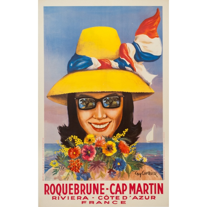 Affiche ancienne de voyage - Guy Cambier - Circa 1955 - Roquebrune Cap Martin Côte D'Azur - 99 par 62.5 cm