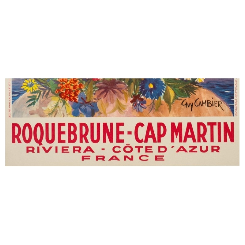 Vintage travel poster - Guy Cambier - Circa 1955 - Roquebrune Cap Martin Côte D'Azur - 39 by 24.6 inches - 3