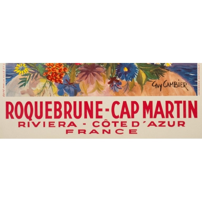 Affiche ancienne de voyage - Guy Cambier - Circa 1955 - Roquebrune Cap Martin Côte D'Azur - 99 par 62.5 cm - 3