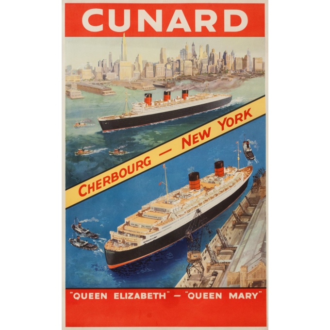 Vintage travel poster - Anonyme - Circa 1950 - Cunard Cherbourg New York - 40.2 by 24.8 inches