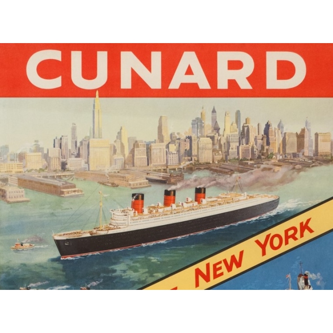 Affiche ancienne de voyage - Anonyme - Circa 1950 - Cunard Cherbourg New York - 102 par 63 cm - 2