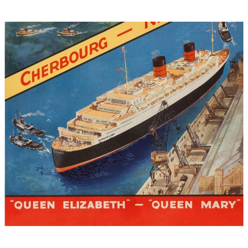 Vintage travel poster - Anonyme - Circa 1950 - Cunard Cherbourg New York - 40.2 by 24.8 inches - 3