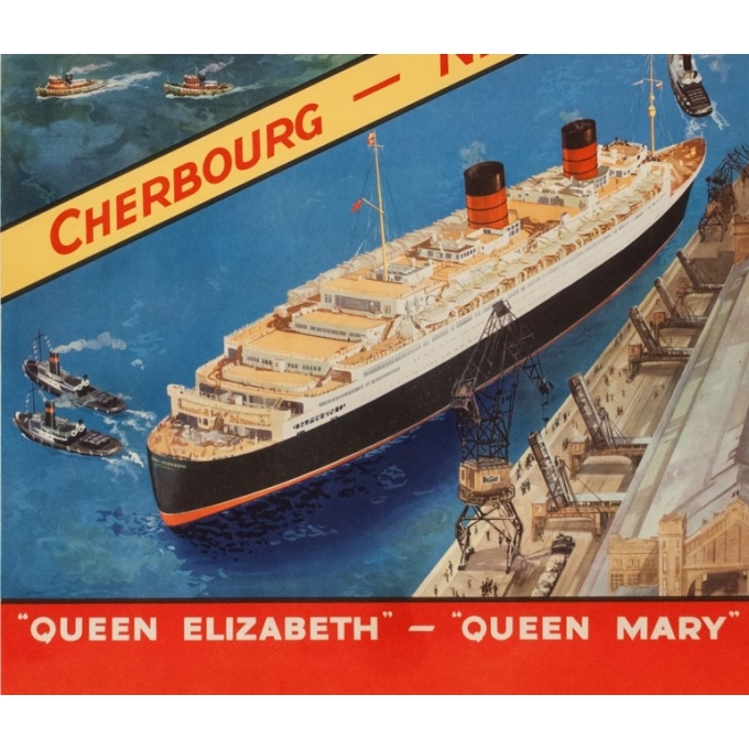 Vintage travel poster - Anonyme - Circa 1950 - Cunard Cherbourg New York - 40.2 by 24.8 inches - 3