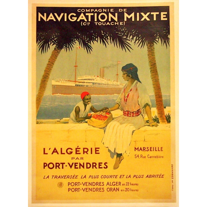 Affiche L'Algérie par Port-Vendres,  compagnie de navigation mixte. Elbé Paris.