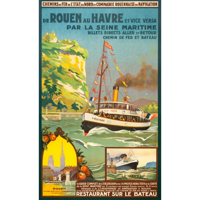 Affiche ancienne de voyage - Anonyme - Circa 1930 - De Rouen Au Havre Par La Seine Maritime - 101 par 62 cm