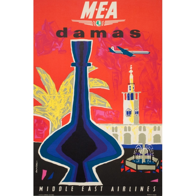 Affiche ancienne de voyage - Auriac - Circa 1960 - Damas Middle East Air Lines MEA - 80 par 53 cm