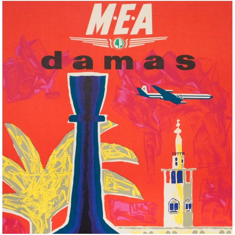 Affiche ancienne de voyage - Auriac - Circa 1960 - Damas Middle East Air Lines MEA - 80 par 53 cm - 2