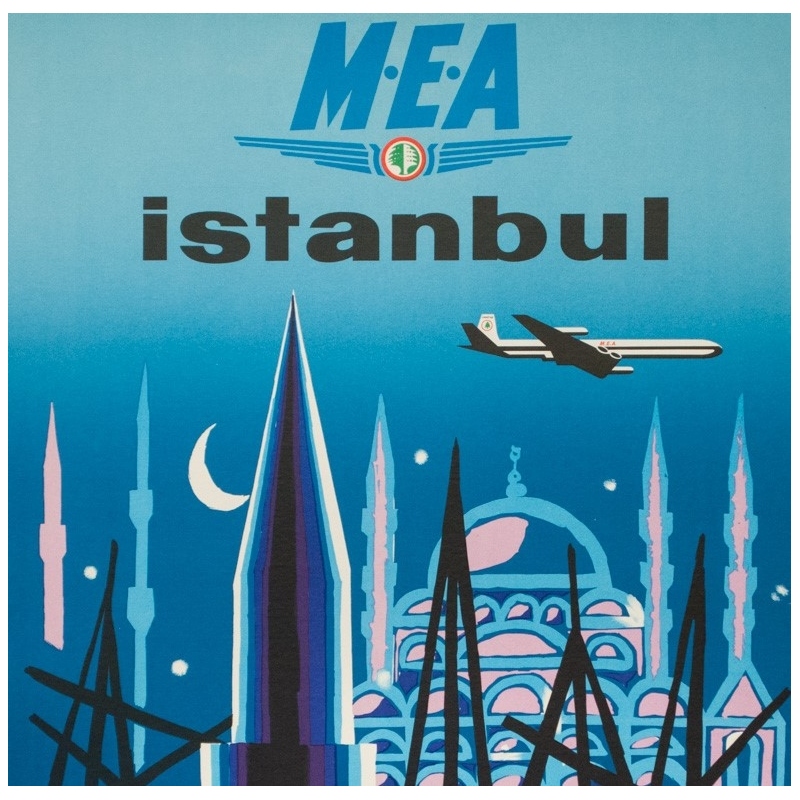 Vintage travel poster - Auriac - Circa 1960  - Istanbul Middle East Air Lines MEA - 31.5 by 20.9 inches - 2