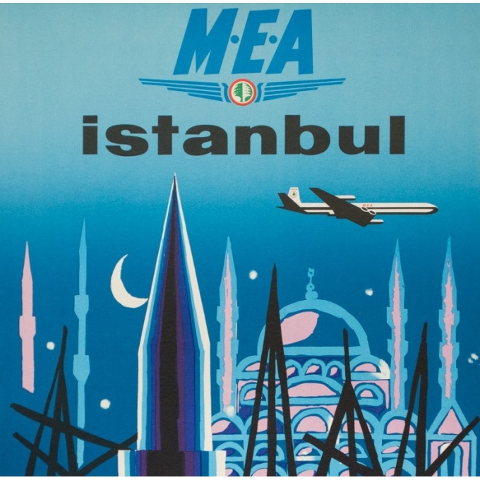 Vintage travel poster - Auriac - Circa 1960  - Istanbul Middle East Air Lines MEA - 31.5 by 20.9 inches - 2