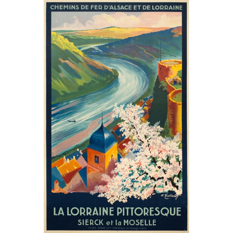 Affiche ancienne de voyage - A. Galland - Circa 1925 - La Lorraine Pittoresque Sierck Et La Moselle - 100 par 62 cm
