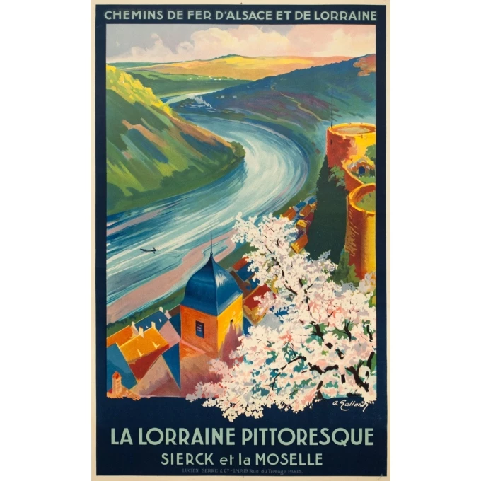 Affiche ancienne de voyage - A. Galland - Circa 1925 - La Lorraine Pittoresque Sierck Et La Moselle - 100 par 62 cm