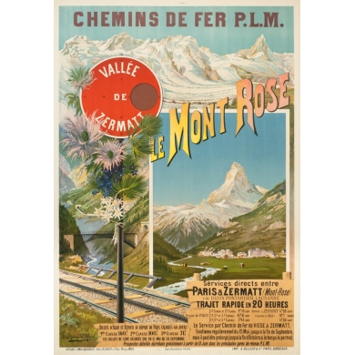 Affiche ancienne de voyage - Hugo d'Alési - Circa 1900 - Le Mont Rose Vallée De Zermatt - 106.5 par 74 cm