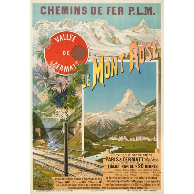 Affiche ancienne de voyage - Hugo d'Alési - Circa 1900 - Le Mont Rose Vallée De Zermatt - 106.5 par 74 cm