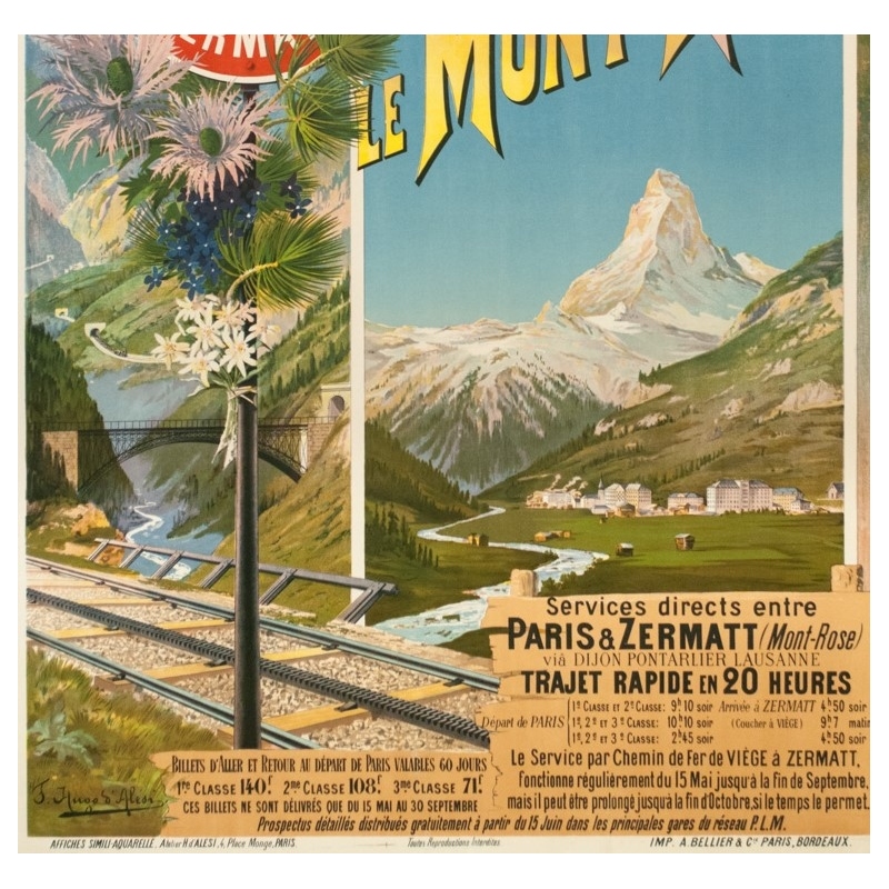 Affiche ancienne de voyage - Hugo d'Alési - Circa 1900 - Le Mont Rose Vallée De Zermatt - 106.5 par 74 cm - 3