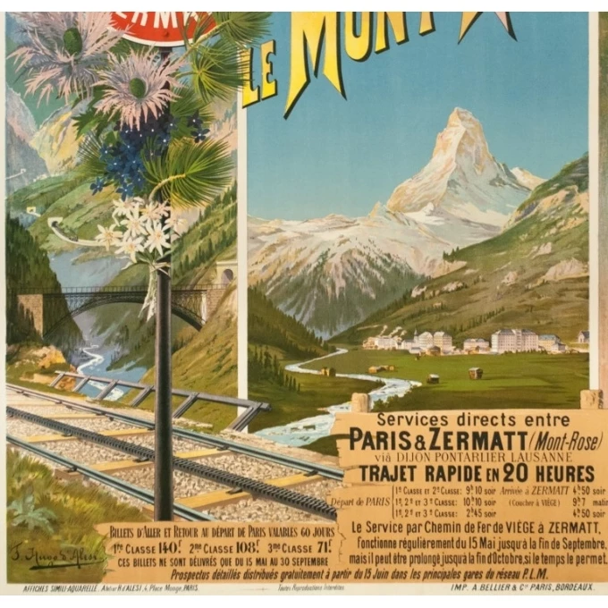 Affiche ancienne de voyage - Hugo d'Alési - Circa 1900 - Le Mont Rose Vallée De Zermatt - 106.5 par 74 cm - 3