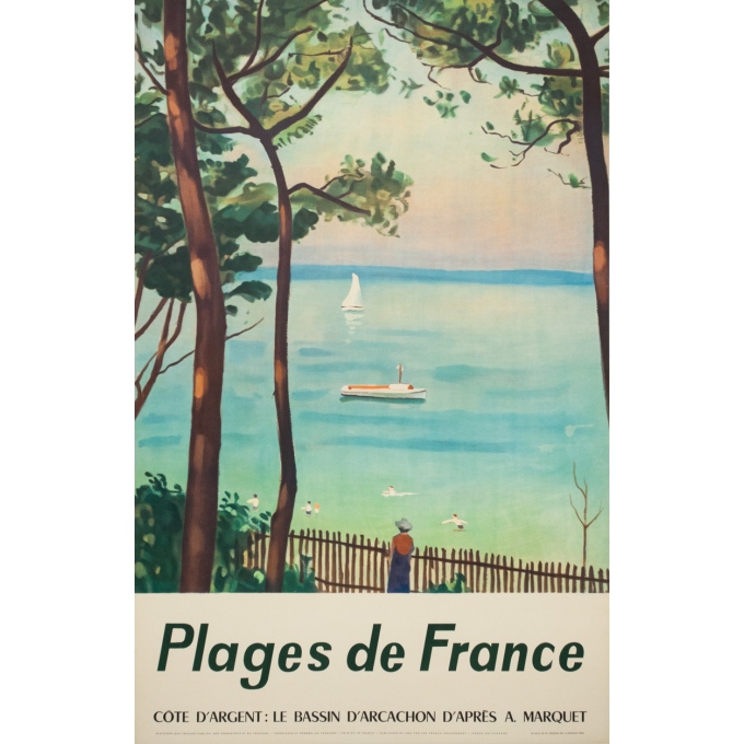 Affiche ancienne de voyage - d'après Marquet - Circa 1950 - Plages De France Bassin D'Arcachon - 99 par 63 cm