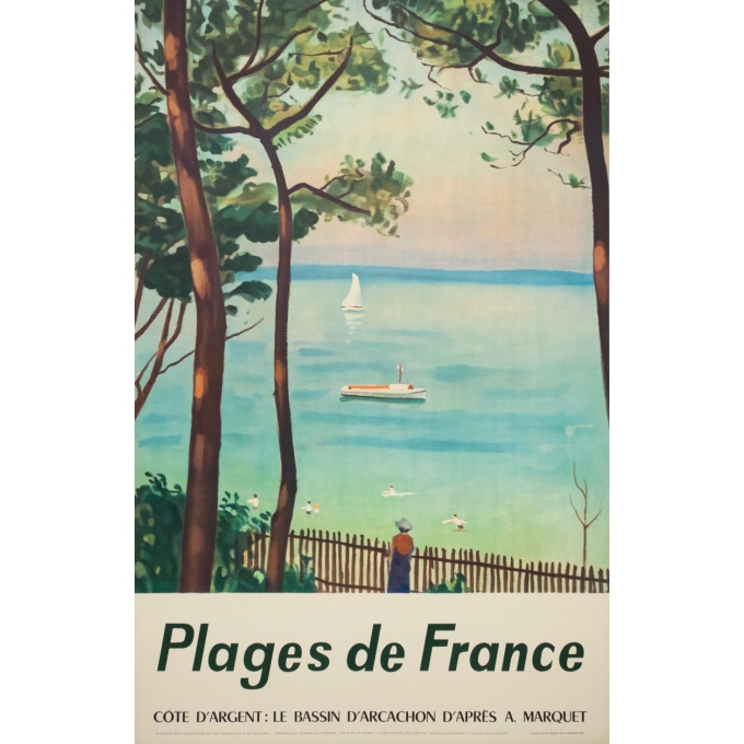Vintage travel poster - d'après Marquet - Circa 1950 - Plages De France Bassin D'Arcachon - 39 by 24.8 inches