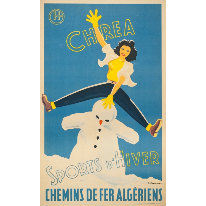 Affiche ancienne de voyage - F.Crespo - Circa 1950 - Chrea Sports d'Hiver Chemins de Fer Algériens - 100 par 61 cm