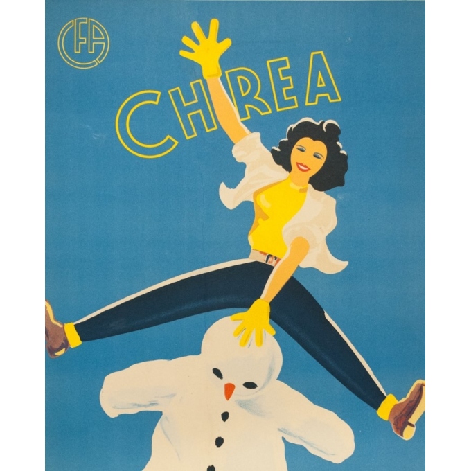 Affiche ancienne de voyage - F.Crespo - Circa 1950 - Chrea Sports d'Hiver Chemins de Fer Algériens - 100 par 61 cm - 2