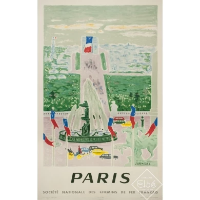 Vintage travel poster - J.Cavailles - 1957 - Paris SNCF Champs Elysées - 39.4 by 24.4 inches