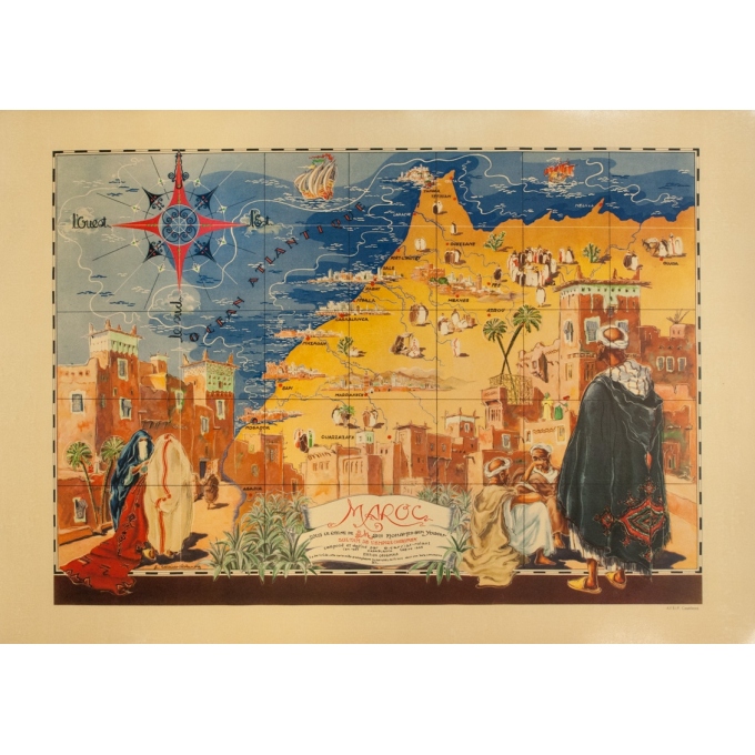 Affiche ancienne de voyage - G.Carriat - 1947 - Carte Maroc - 107 par 76 cm