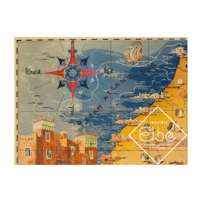 Affiche ancienne de voyage - G.Carriat - 1947 - Carte Maroc - 107 par 76 cm - 2