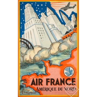 Affiche ancienne de voyage - Guy Arnoux - 1946 - Air France Amérique Du Nord USA - 98.5 par 62 cm