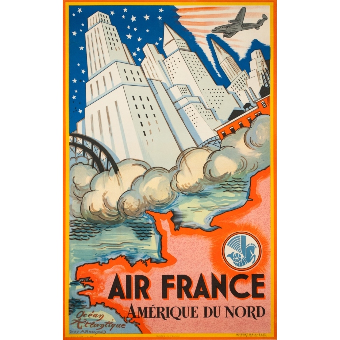 Affiche ancienne de voyage - Guy Arnoux - 1946 - Air France Amérique Du Nord USA - 98.5 par 62 cm