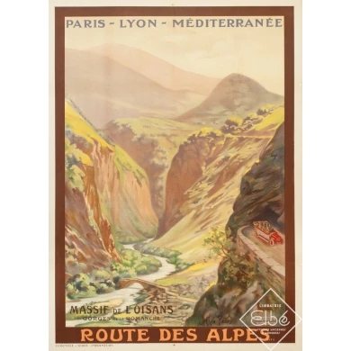 Affiche ancienne de voyage - René Péan - Circa 1910 - Route Des Alpes PLM Massif De L'Oisans - 108 par 79 cm