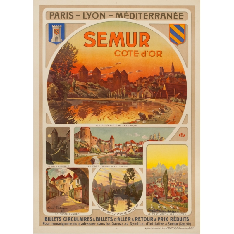 Affiche ancienne de voyage - Henri Polart - Circa 1920 - Semur Côte D'Or Bourgogne - 106.5 par 77 cm