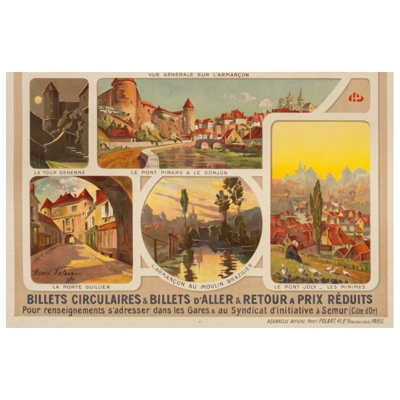 Affiche ancienne de voyage - Henri Polart - Circa 1920 - Semur Côte D'Or Bourgogne - 106.5 par 77 cm - 3
