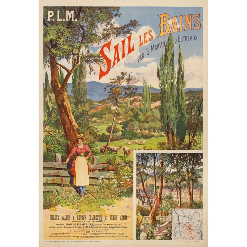 Vintage travel poster - Tanconville - Circa 1900 - Sail Les Bains - 43.5 by 29.5 inches