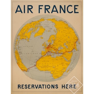 Affiche ancienne de voyage - Girard - 1938 - Air France Reservation Here Map Monde - 78 par 61 cm