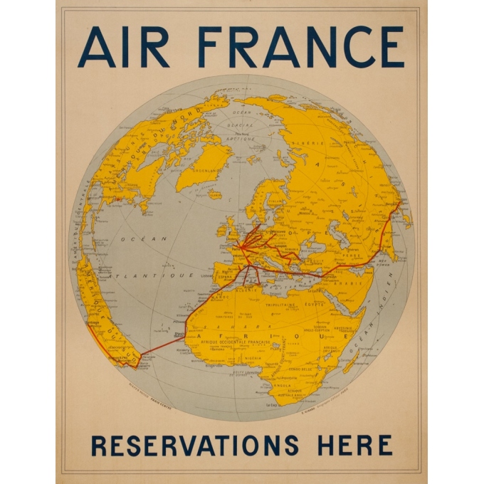 Affiche ancienne de voyage - Girard - 1938 - Air France Reservation Here Map Monde - 78 par 61 cm