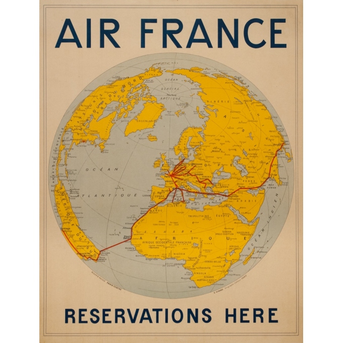 Vintage travel poster - Girard - 1938 - Air France Reservation Here Map Monde - 30.7 by 24 inches