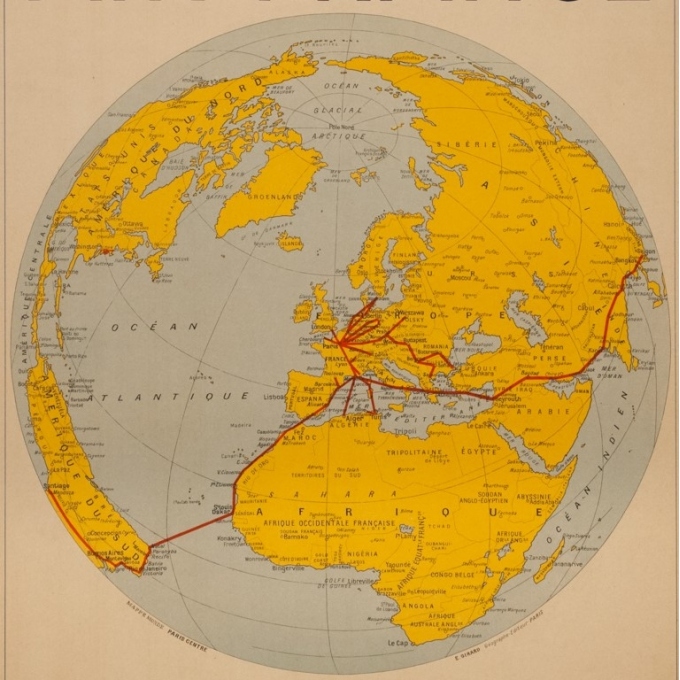 Affiche ancienne de voyage - Girard - 1938 - Air France Reservation Here Map Monde - 78 par 61 cm - 3