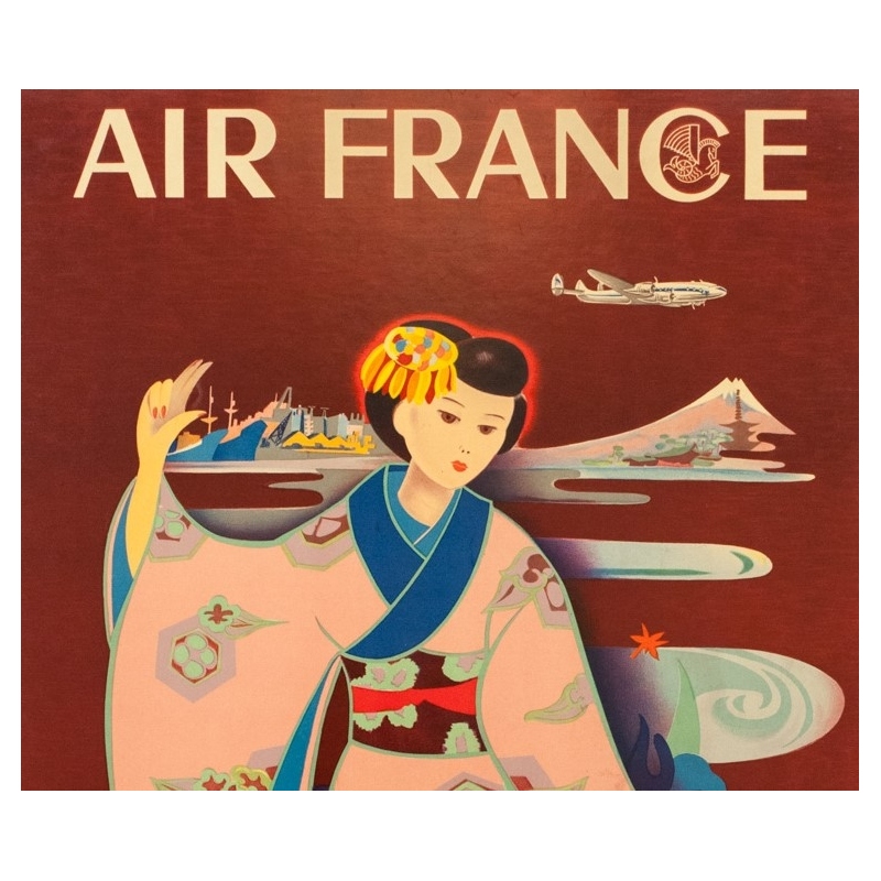 Vintage travel poster - Tabuchi - 1952 - Air France Paris Tokyo - 38.6 by 24.2 inches - 2