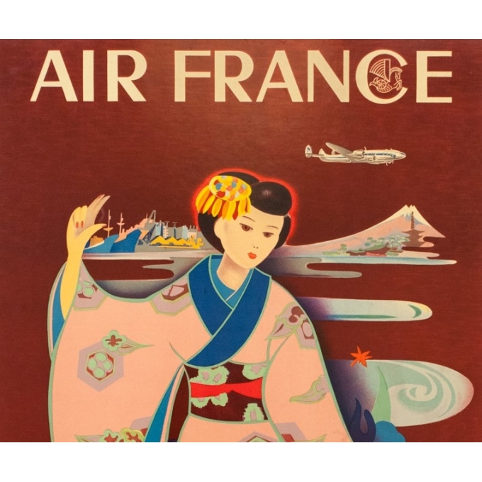 Affiche ancienne de voyage - Tabuchi - 1952 - Air France Paris Tokyo - 98 par 61.5 cm - 2