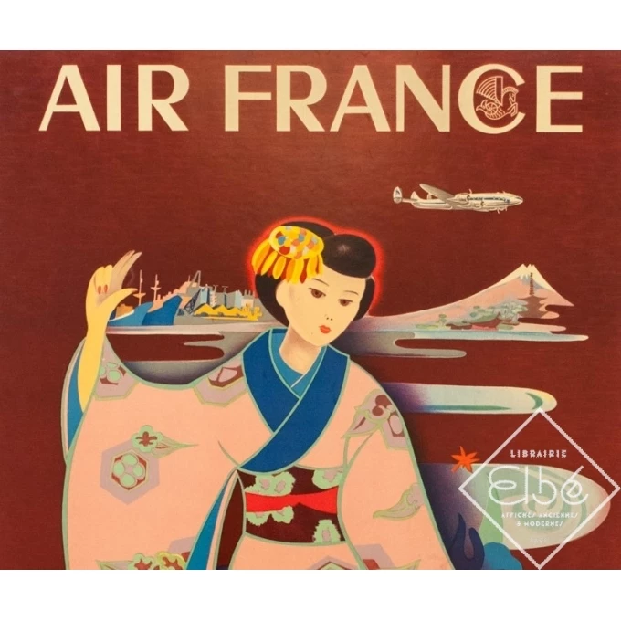 Vintage travel poster - Tabuchi - 1952 - Air France Paris Tokyo - 38.6 by 24.2 inches - 2