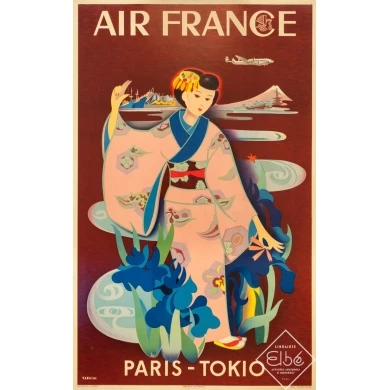 Affiche ancienne de voyage - Tabuchi - 1952 - Air France Paris Tokyo - 98 par 61.5 cm