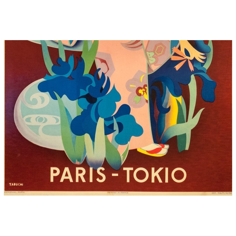 Affiche ancienne de voyage - Tabuchi - 1952 - Air France Paris Tokyo - 98 par 61.5 cm - 3