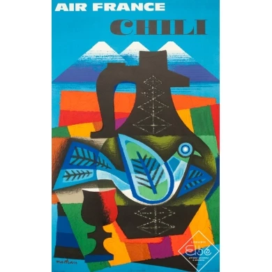 Affiche ancienne de voyage - Nathan - 1964 - Air France Chili - 99 par 62 cm