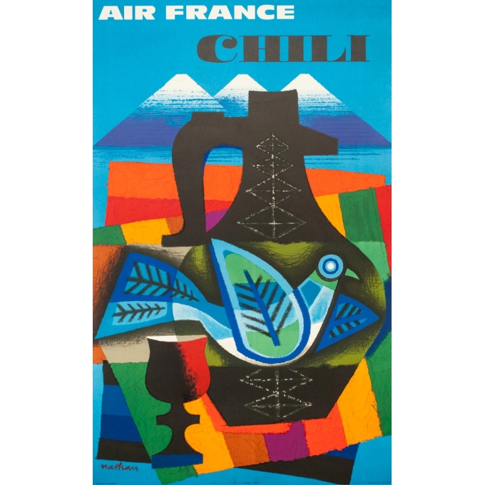 Affiche ancienne de voyage - Nathan - 1964 - Air France Chili - 99 par 62 cm