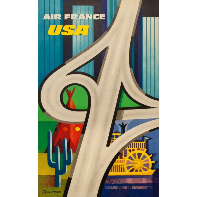 Affiche ancienne de voyage - Excoffon - 1963 - Air France Usa - 99.5 par 61.5 cm