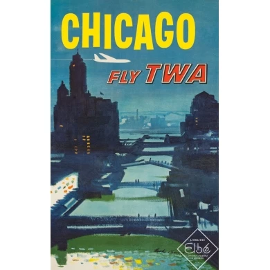 Affiche ancienne de voyage - Briggs - Circa 1955 - Chicago TWA - 101 par 64 cm