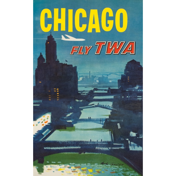 Affiche ancienne de voyage - Briggs - Circa 1955 - Chicago TWA - 101 par 64 cm