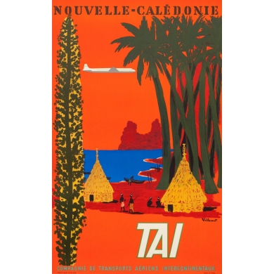 Affiche ancienne de voyage - Villemot - 1958 - Nouvelle Calédonie TAI - 99 par 61.5 cm