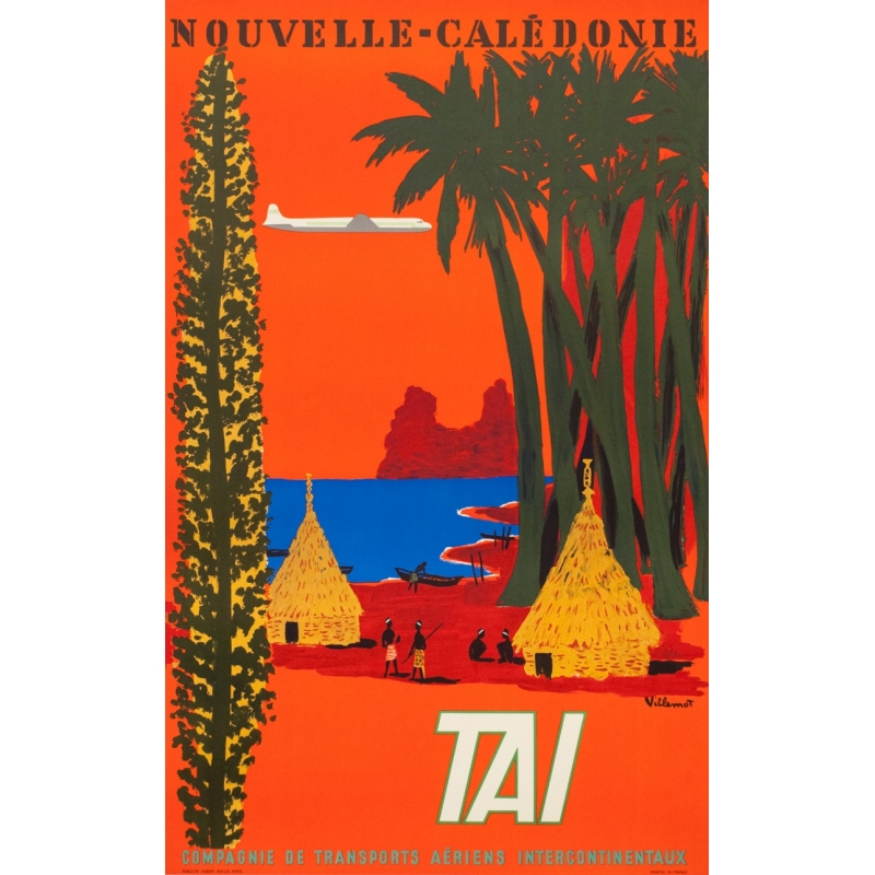 Vintage travel poster - Villemot - 1958 - Nouvelle Calédonie TAI - 39 by 24.2 inches