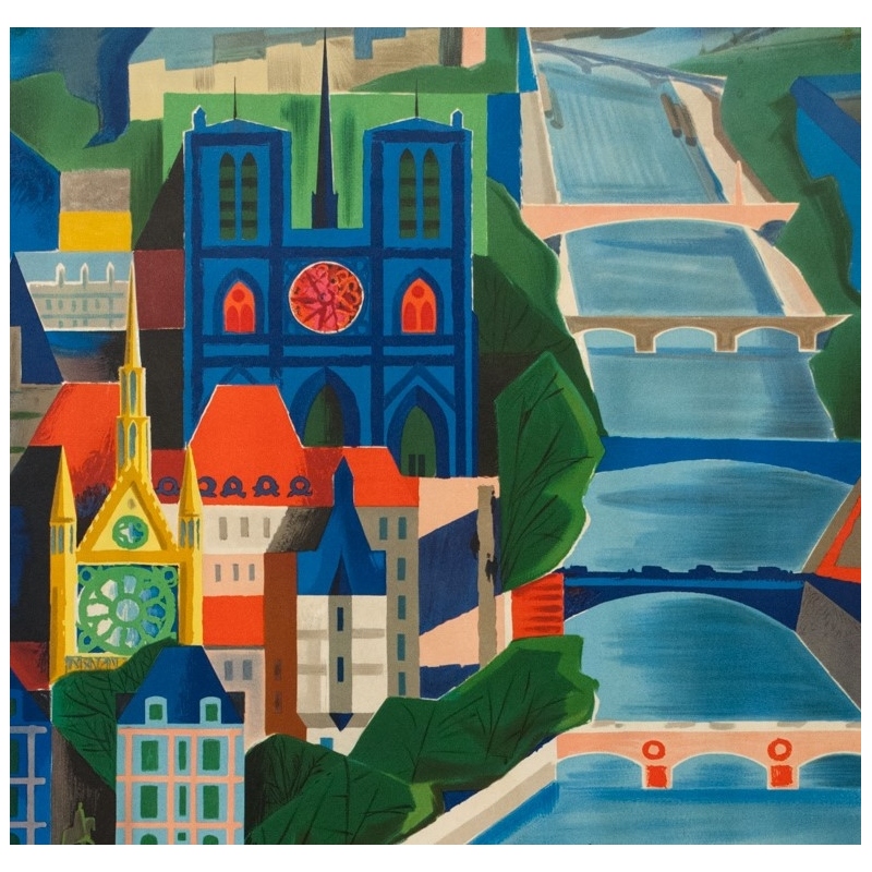 Affiche ancienne de voyage - Vernier - 1961 - Air France Paris Bridge - 99 par 61.5 cm - 2